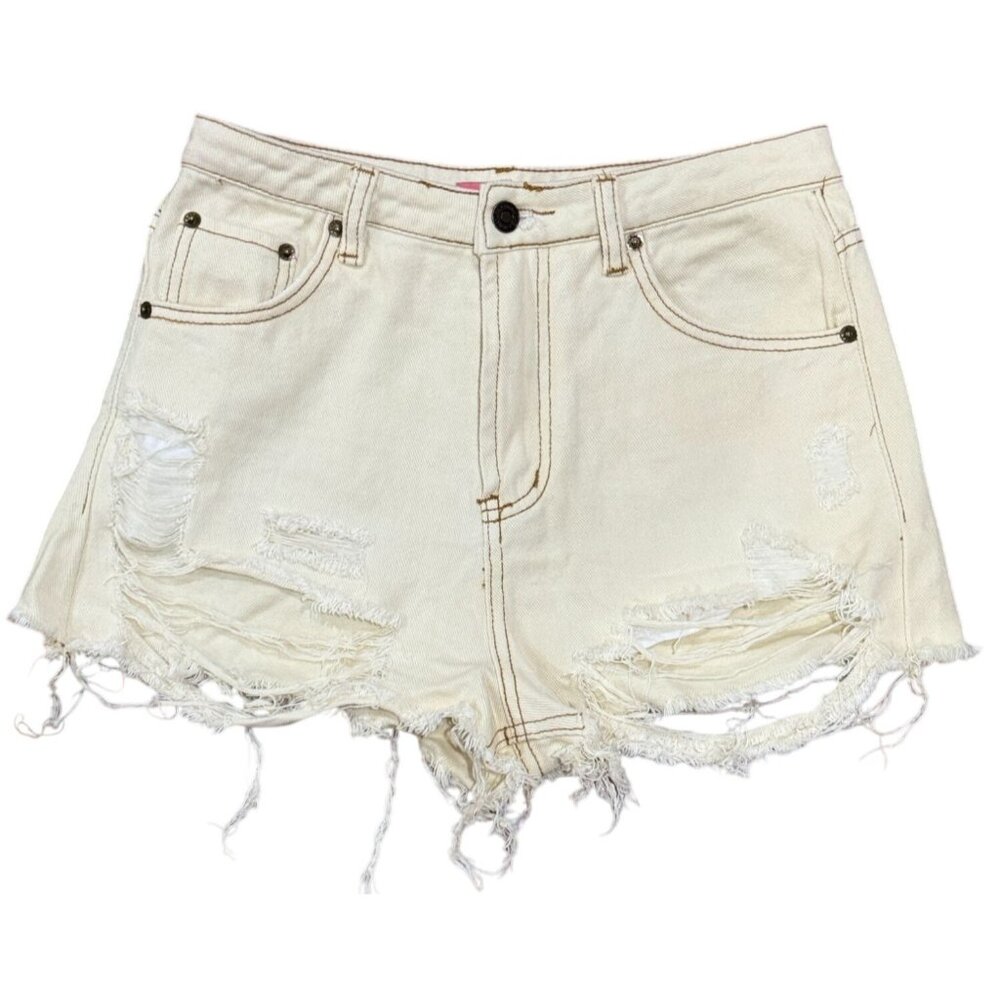 NEW SIGNATURE 8 Distressed Denim Cut-Off Shorts Womens S Frayed Hem High Waist